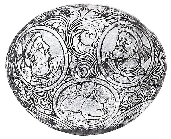 Bactrian types on a silver gilt bowl, 6th c. CE. British Museum.