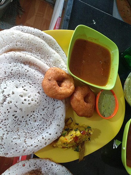 Sponge dosa, media wada, sambar, chutney and potato bhaji.jpg