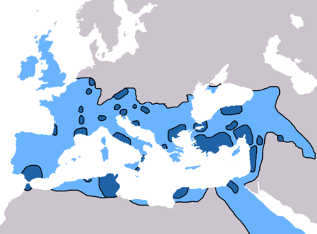 The spread of Christianity in Europe by 325 AD (dark blue) and 600 AD (light blue).