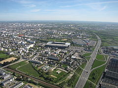 Vue aérienne sur la rocade ouest à hauteur de la porte de Lorient et du Roazhon Park, Aire urbaine de Rennes