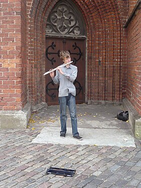 Street musician in front of Peter's Church, Riga, Latvia