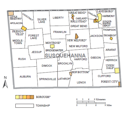 Political map of Susquehanna County, Pennsylvania, with townships and boroughs labeled. Townships are colored white and boroughs are colored various shades of orange.