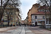 Ulica widziana z Plant, wyeksponowane dawne tory tramwaju wąskotorowego