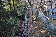 京王線代田橋駅の上り線ホームから見る（北側）。水路の両側には桜の木が確認できる（2018年2月24日撮影）