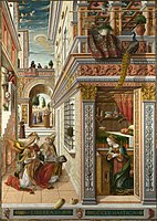 In the 1486 painting Annunciation with St. Emidius by Carlo Crivelli, a peacock is sitting on the roof above the praying Virgin Mary.