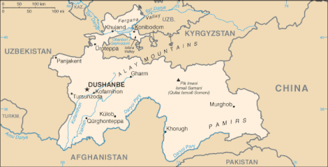 Historical map of Tajikistan showing the border with China