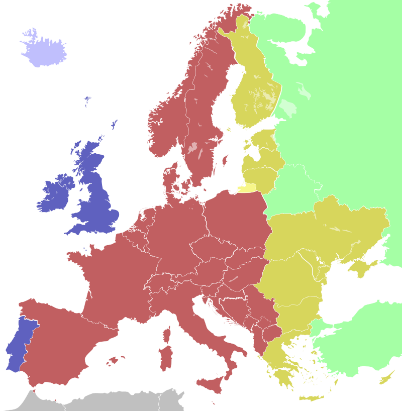 欧洲时间：      浅蓝   欧洲西部时间／格林尼治标准时间（UTC）       蓝色   欧洲西部时间／格林尼治标准时间（UTC）       欧洲西部夏令时间／英国夏令时／爱尔兰标准时间（UTC+1）       红色   欧洲中部时间（UTC+1）       欧洲中部夏令时间（UTC+2）       黄色   欧洲东部时间／加里宁格勒时间（UTC+2）       金色   欧洲东部时间（UTC+2）       欧洲东部夏令时间（UTC+3）       浅绿   欧洲极东时间／莫斯科时间／土耳其时间（UTC+3）    浅色表示该地全年采用标准时间，深色表示该地采用夏时制的位置。