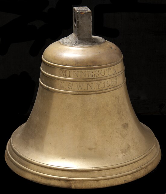 A cast brass bell from the U.S.S. Minnesota is engraved "MINNESOTA / U.S.W.N.Y. 1856" Image from the collection of the Minnesota Historical Society