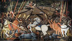 Uccello, The Battle of San Romano, c. 1438-1440. Egg tempera with walnut oil and linseed oil on poplar. 181.6 x 320 cm. Uffizi. Uccello Battle of San Romano Uffizi.jpg