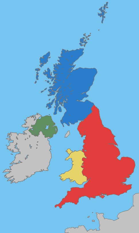 联合王国（英国）的构成国 　 红色部分为英格兰 　 蓝色部分为苏格兰 　 黄色部分为威尔士 　 绿色部分为北爱尔兰（注：北爱尔兰为省，不是构成国之一）