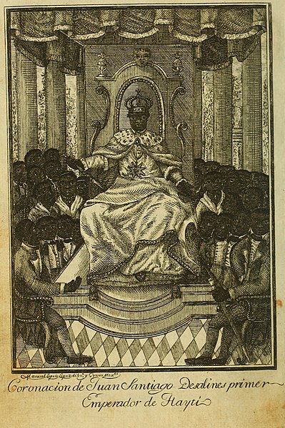 An etching of the coronation of Dessalines as Emperor of Haiti