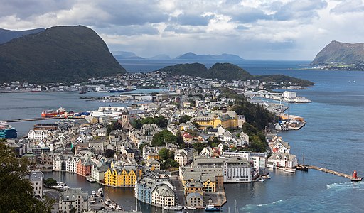 General view of the city of Ålesund from mountain Aksla, Norway.