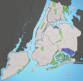 Weederwaier uun NYC 1: Hudson River, 2: East River, 3: Long Island Sound, 4: Newark Bay, 5: Upper New York Bay, 6: Lower New York Bay, 7: Jamaica Bay, 8: Atlantik (grater bil)