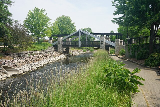 The Fox River and River Walk in downtown Waukesha, Wisconsin
