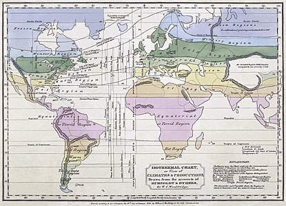 Alexander von Humboldt'un çalışmasına dayanılarak William Channing Woodbridge tarafından çizilmiş olan dünya izotermal haritası (1823). (Üreten: William Channing Woodbridge, Alexander von Humboldt)