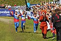 Russian team (Andrey Khramov, Valentin Novikov, Dmitry Tsvetkov) at the finish at World Orienteering Championships 2010 in Trondheim, Norway