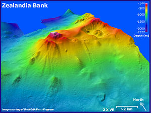 Mappa batimetrica della Zealandia Bank guardando a nord-est