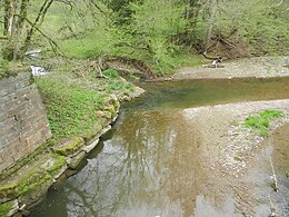 Die Mündung des Zimmerbaches (von links) in die Starzel (von unten) bei Niedrigwasser