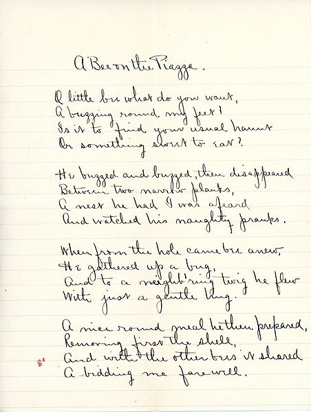 File:"A Bee on the Piazza" poem for English IV by Sarah (Sallie) M. Field, Abbot Academy, class of 1904 - DPLA - d833ee37eb94c88a7628d06e954a202b (page 1).jpg