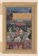 "The Story of the Princess of the Blue Pavillion- The Youth of Rum Is Entertained in a Garden by a Fairy and her Maidens", Folio from a Khamsa (Quintet) of Amir Khusrau Dihlavi MET DP120808.jpg