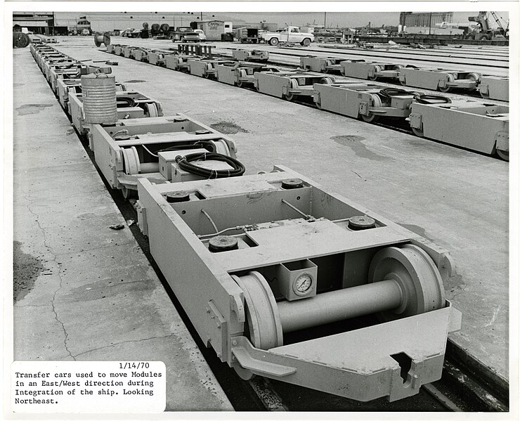 File:'Transfer cars used to move Modules in East-West direction during Integration of the ship. Looking Northeast. 1-14-70.' Site for Litton Advanced Marine Production Division. (22004370191).jpg