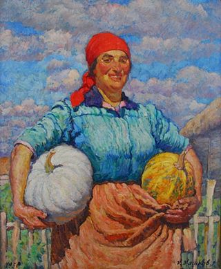 "Donna kolchoz con zucche", 1930, Ilya Mashkov.