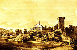 Руїни замка і костел. Малюнок Наполеона Орди