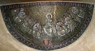 Traditio legis, or "transmission of the law", Christ as lawgiver, mosaic, Basilica of San Lorenzo, Milan, 4th century, includes a scroll box at Christ's feet. 1398 - Milano - S. Lorenzo - Cappella S. Aquilino - Traditio Legis - Dall'Orto - 18-May-2007.jpg