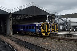 The Far North Line platforms at Inverness station, the southern terminus of the line 16.07.18 Inverness 158720 and 158721 (42708007715).jpg