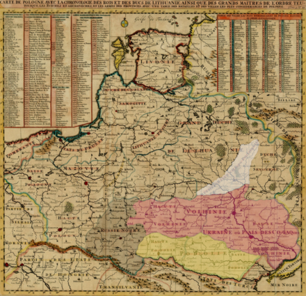 Volhynia (French: Volhinie) in red on a map by French cartographer Henri Chatelain in 1712. White Ruthenia in white, Black Ruthenia in black, and Podolia in yellow.