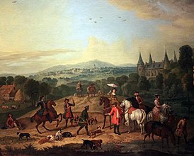 Jan Peeter Verdussen: Elegante Reitergesellschaft auf der Falkenjagd in einer Landschaft mit Schloss (1760)