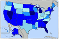 Map of the United States color coded to show the dates of Democratic Party (United States) caucus and primary elections for the Democratic Party (United States) presidential primaries, 2008.