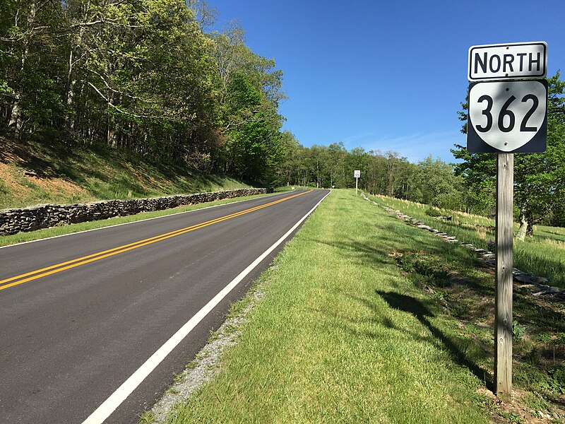 File:2017-05-16 17 16 51 View north at the south end of Virginia State Route 362 (Grayson Highland Lane) at U.S. Route 58 (Highlands Parkway) within Grayson Highlands State Park in Haw Orchard, Grayson County, Virginia.jpg