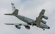 A US Air Force RC-135W Rivet Joint on final apparoach to Kadena Air Base in Okinawa, Japan.