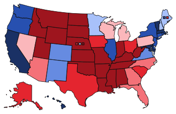 Map of 2016-2020 Cook PVI for all voting entities in the upcoming 2024 United States presidential election (states, federal district, congressional districts of Maine and Nebraska)

Map legend:

.mw-parser-output .legend{page-break-inside:avoid;break-inside:avoid-column}.mw-parser-output .legend-color{display:inline-block;min-width:1.25em;height:1.25em;line-height:1.25;margin:1px 0;text-align:center;border:1px solid black;background-color:transparent;color:black}.mw-parser-output .legend-text{}
State or district has a Cook PVI of D+10 or greater
State or district has a Cook PVI between D+5 and D+10
State or district has a Cook PVI between D+2 and D+5
State or district has a Cook PVI between EVEN and D+2
State or district has a Cook PVI between EVEN and R+2
State or district has a Cook PVI between R+2 and R+5
State or district has a Cook PVI between R+5 and R+10
State or district has a Cook PVI of R+10 or greater 2020 Cook PVI.svg