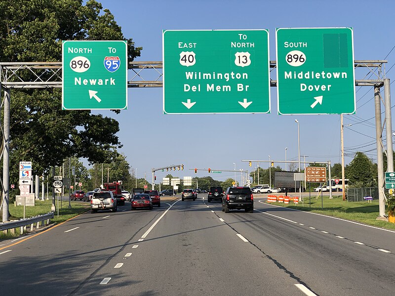 File:2022-07-19 18 21 11 View east along U.S. Route 40 (Pulaski Highway) just west of Delaware State Route 896 (South College Avenue-Summit Bridge Road) in Glasgow, New Castle County, Delaware.jpg