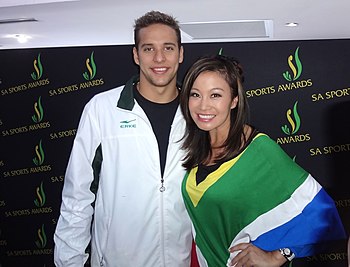 5 FM Hollywood Reporter Jen Su with Olympic Gold Medalist Chad Le Clos (7793425020).jpg
