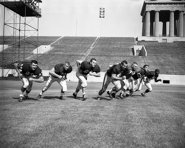 The 1961 Chicago Bears practicing for the Armed Forces exhibition game at Soldier Field. The team would later move into the stadium full-time in 1971.