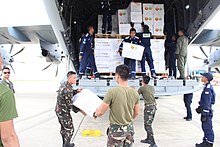 Humanitarian supplies provided by the Association of Southeast Asian Nations (ASEAN) being delivered by plane. ASEAN aid for Marawi 2.jpg