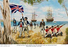 Acting Lieutenant Charles Robbins raises the Union Jack under the watch of the French at King Island, 1802 Acting Lieutenant Charles Robbins raises the Union Jack under the watch of the French - King Island, December 14th 1802.jpg