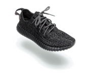 The Yeezy Boost 350 hovering and spinning lengthwise and heightwise