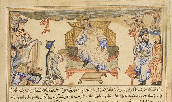 Ahmad Senjer seated on his throne, in a 1307 Ilkhanid miniature.