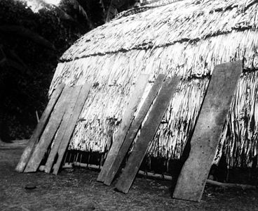 Beds set out to air, Bougainville Island, Solomon Islands, circa. 1944. The broad planks are beds; short lengths of bamboo are pillows.