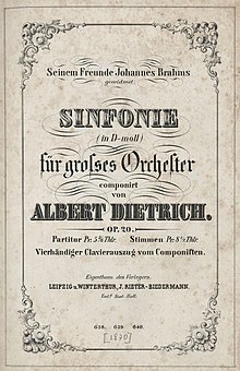 Albert Dietrich, Sinfonie d-Moll, 1870, Titelblatt der Partitur mit der Widmung an Johannes Brahms.