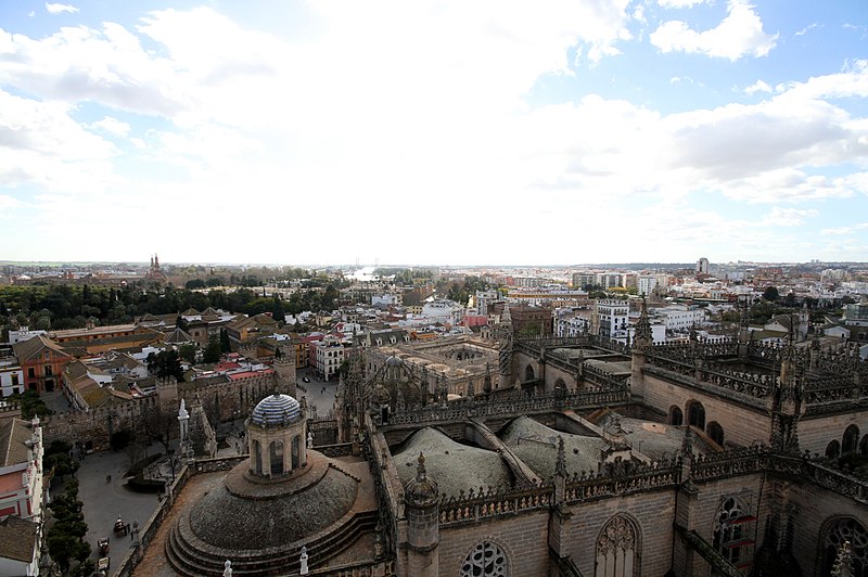 File:Alcázar, Archivo de las Índias and roof of the Cathedral from the Giralda.JPG