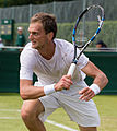 Aleksandr Nedovyesov competing in the third round of the 2015 Wimbledon Qualifying Tournament at the Bank of England Sports Grounds in Roehampton, England. The winners of three rounds of competition qualify for the main draw of Wimbledon the following week.