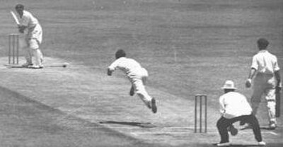 Allen bowling to Stan McCabe during the first Test of the 1936–37 Ashes