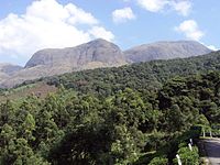 Anamudi, on the right, is the highest peak of the Western Ghats at 2,695 m (8,842 ft) Anamudi from Munnar Gundumalai road.jpg