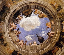 Andrea Mantegna, di sotto in su ceiling fresco in the Camera degli Sposi of the Ducal palace, Mantua Andrea Mantegna - Ceiling Oculus - WGA14023.jpg