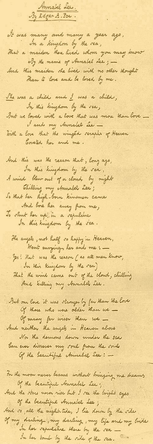 Poe's manuscript for "Annabel Lee", Columbia University Rare Book and Manuscript Library